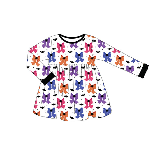 Preorder (moq 5)Baby Girls Long Ruffle Sleeves Colorful Bows Plaid Knee Length Dresses