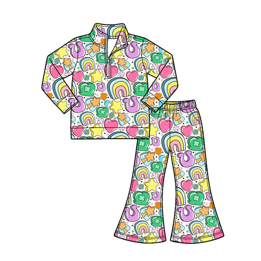 Preorder (moq 5) Girl clothes Rainbow Heart Spring Long Sleeve 1/4 Zip Pullover Flare Pants 2‑Piece Outfit Set