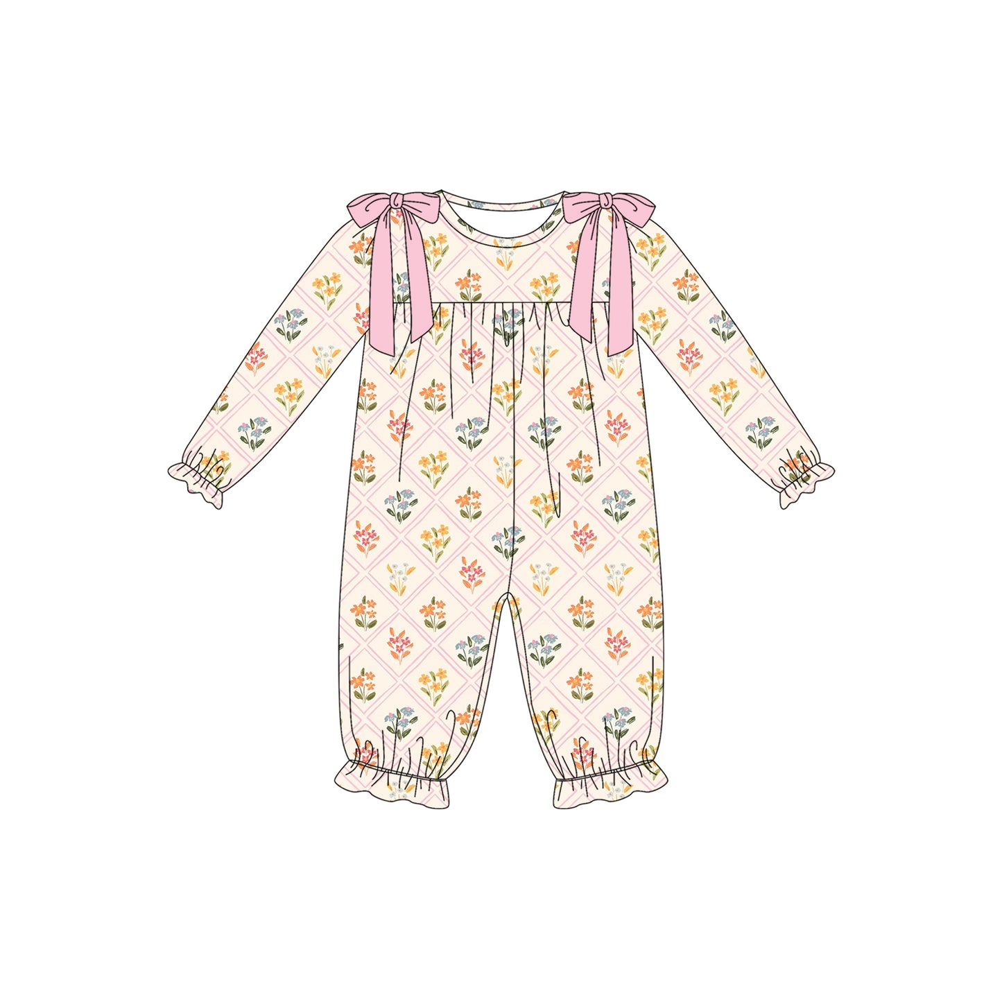 Preorder (moq 5)Baby Girls Long Ruffle Sleeve Flowers Checked Pant Rompers