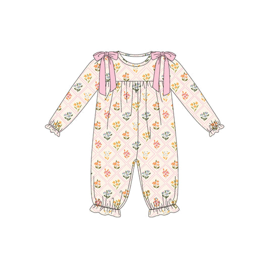 Preorder (moq 5)Baby Girls Long Ruffle Sleeve Flowers Checked Pant Rompers