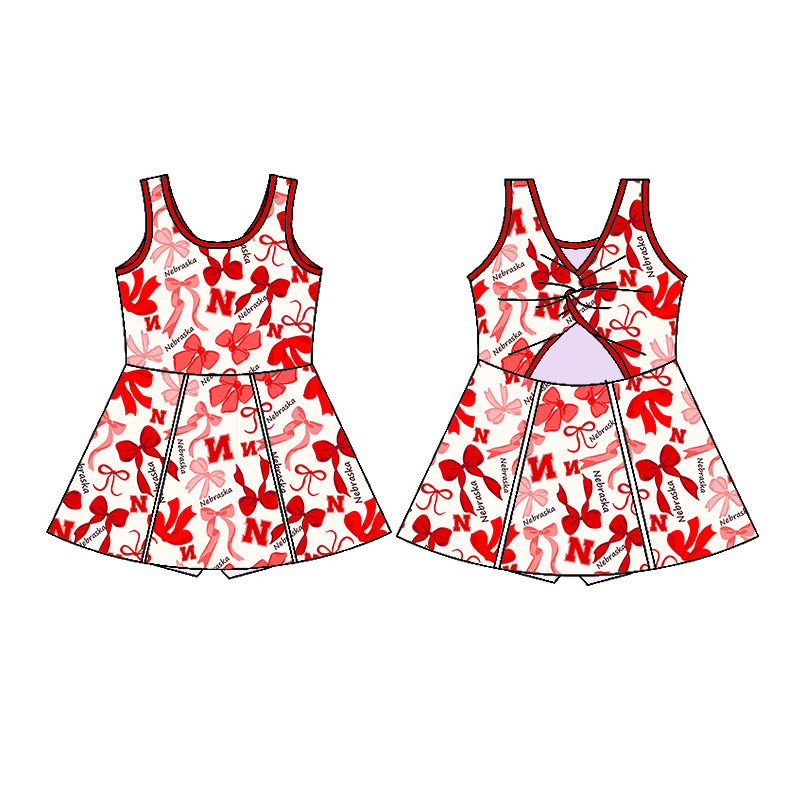 Preorder (moq 5)Baby Girls Sleeveless Nebraska Red Bows Plaid Shorts Team Knee Length Dresses