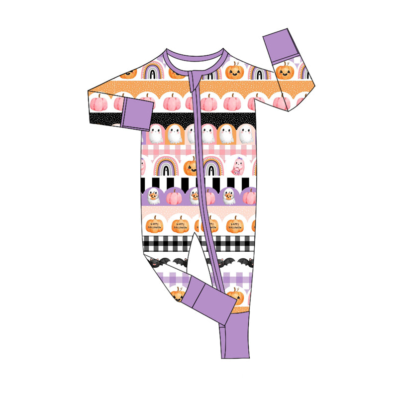 Preorder (moq 5)Baby Girls Lavender Long Sleeves Pumpkin Ghosts Zipper Pant Rompers