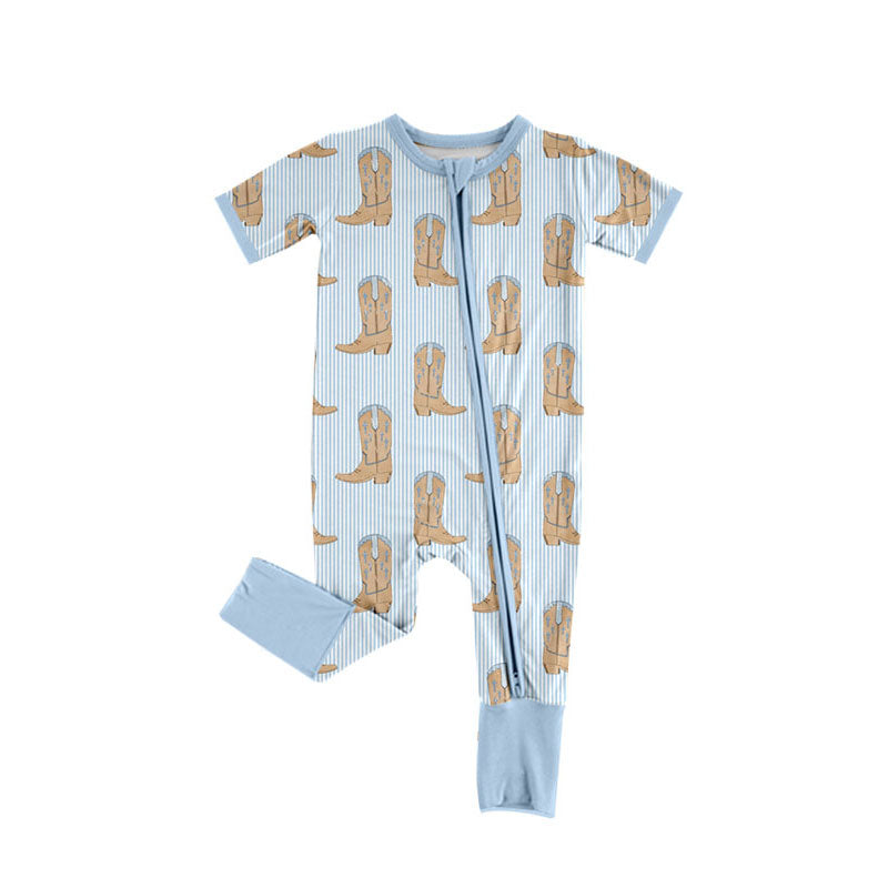 Preorder (moq 8)Baby Boys Blue Stripe Boots Zipper Footie Rompers