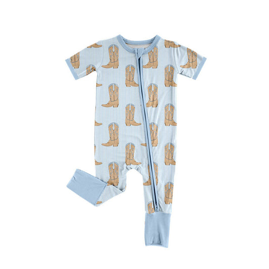 Preorder (moq 8)Baby Boys Blue Stripe Boots Zipper Footie Rompers