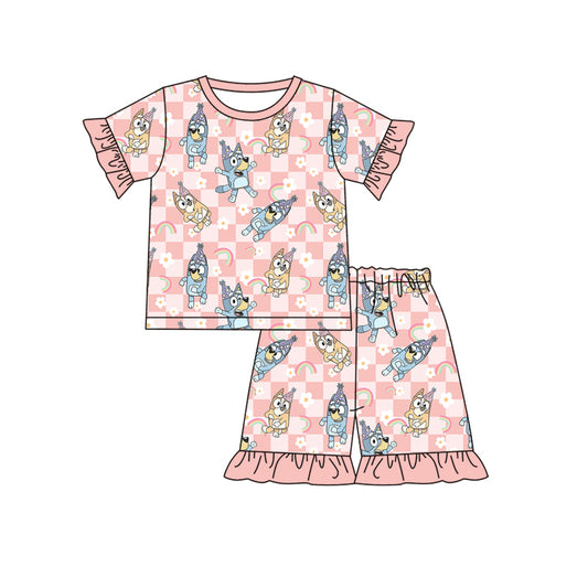 Preorder (moq 5)Baby Girls Pink Dogs Birthday Shirt Ruffle Shorts Pajamas