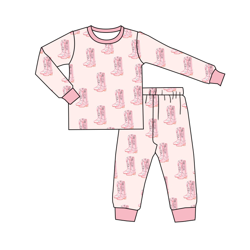 Preorder (moq 5)Baby Girls Flower Boots Plaid Top Pants Western Pajamas Sets