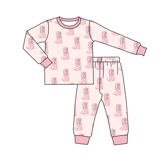 Preorder (moq 5)Baby Girls Flower Boots Plaid Top Pants Western Pajamas Sets
