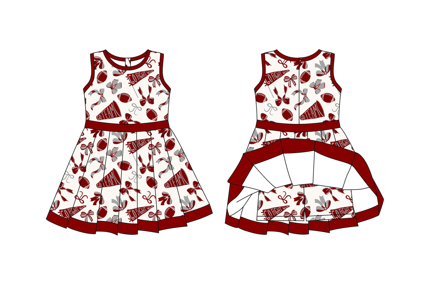 Preorder moq 8 Baby Girls Dark Red Grey Bows Footballs Back Zip Shorts Team Ruffle Knee Length Dress