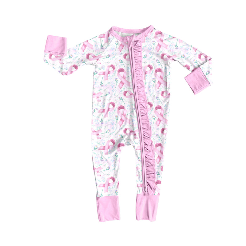 Preorder(moq 5)Baby Girls Pink Flowers Bows Plaid Ruffle Zipper Footie Rompers