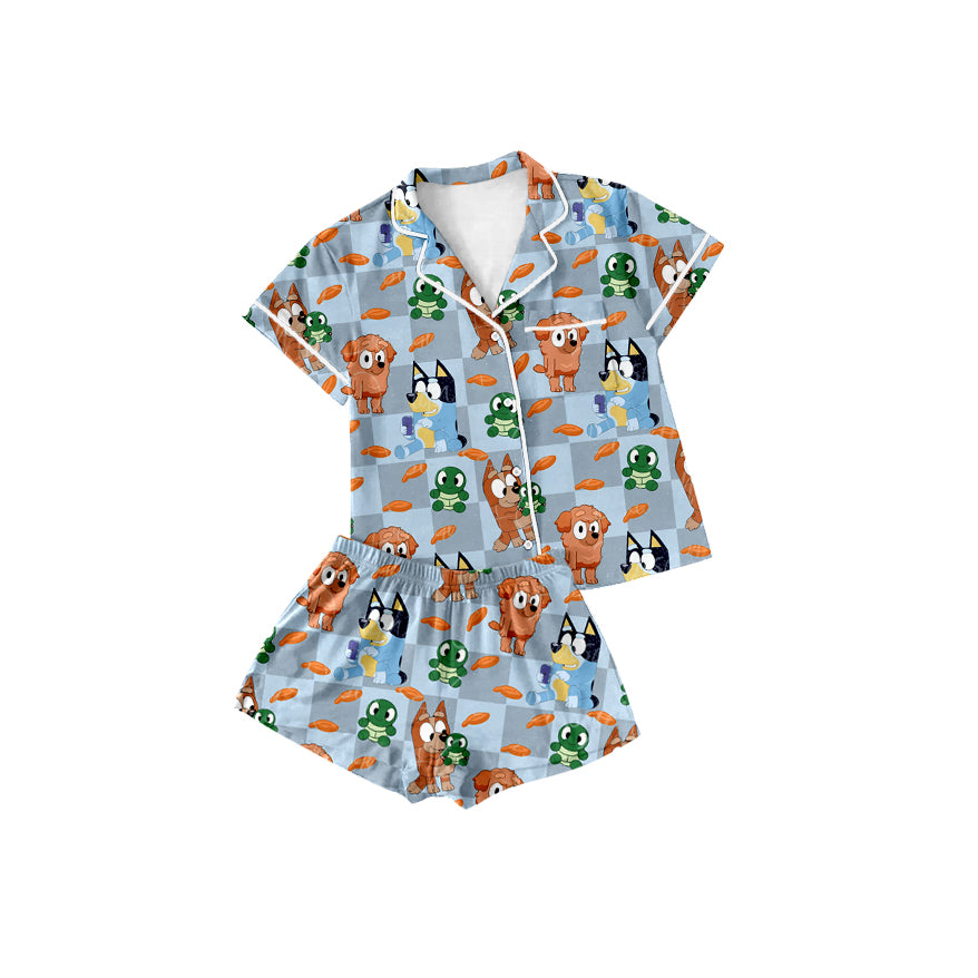 Preorder (moq 5)Baby Girls Cartoon Dogs Lapel Button Shirt Top Shorts Pajamas Outfits