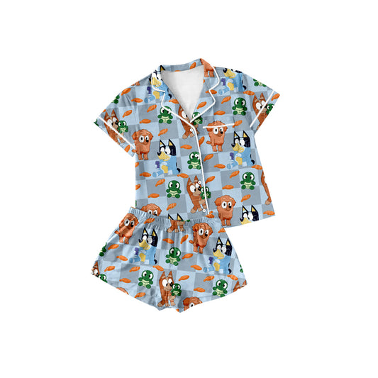 Preorder (moq 5)Baby Girls Cartoon Dogs Lapel Button Shirt Top Shorts Pajamas Outfits