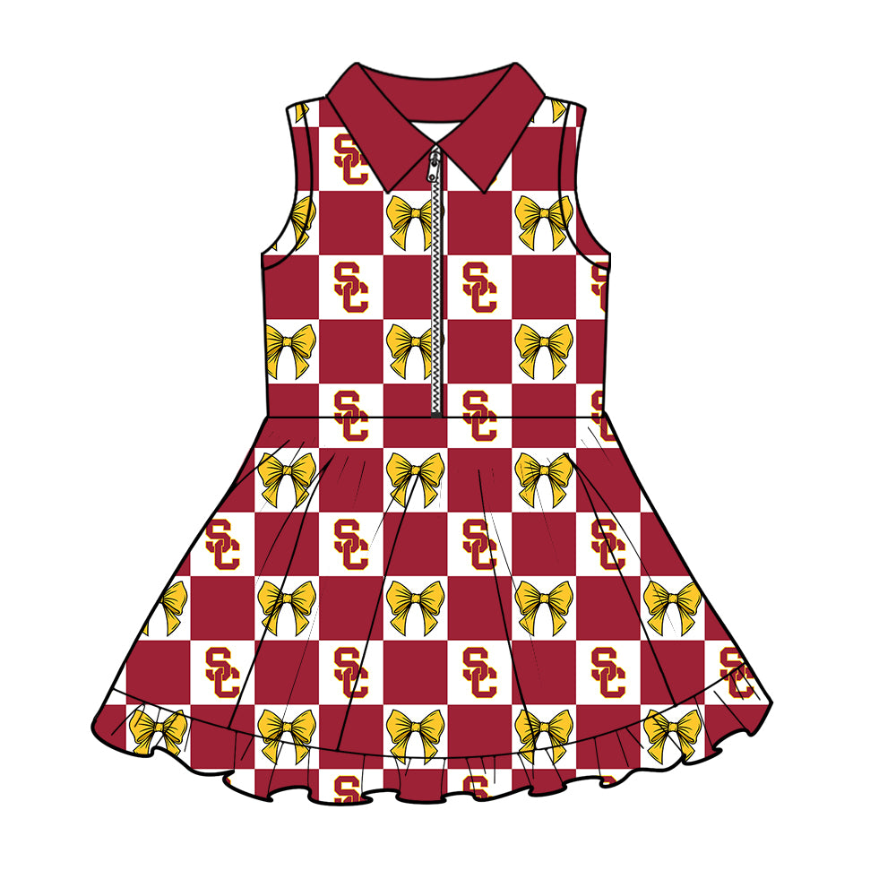 Preorder (moq 5)Baby Girls Red SC Bows Checked Zipper Short Team Knee Length Dresses