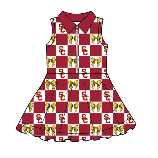 Preorder (moq 5)Baby Girls Red SC Bows Checked Zipper Short Team Knee Length Dresses