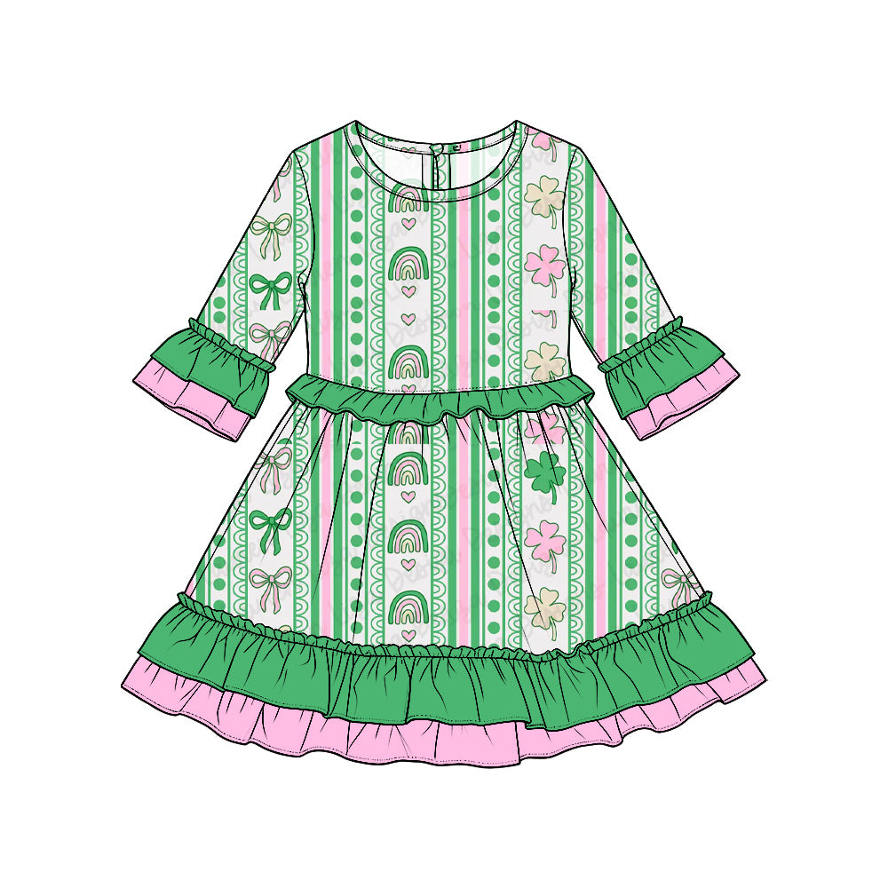 Preorder moq5  Girls’ St. Patrick’s Day Ruffle Long-Sleeve Dress, Lucky Clover & Bow Print Kids’ Holiday Dress