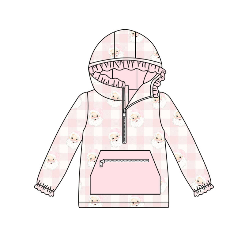 Preorder (moq 5)Baby Girls Pink Checked Santa Pocket Zipper Christmas Ruffle Hoodies Top