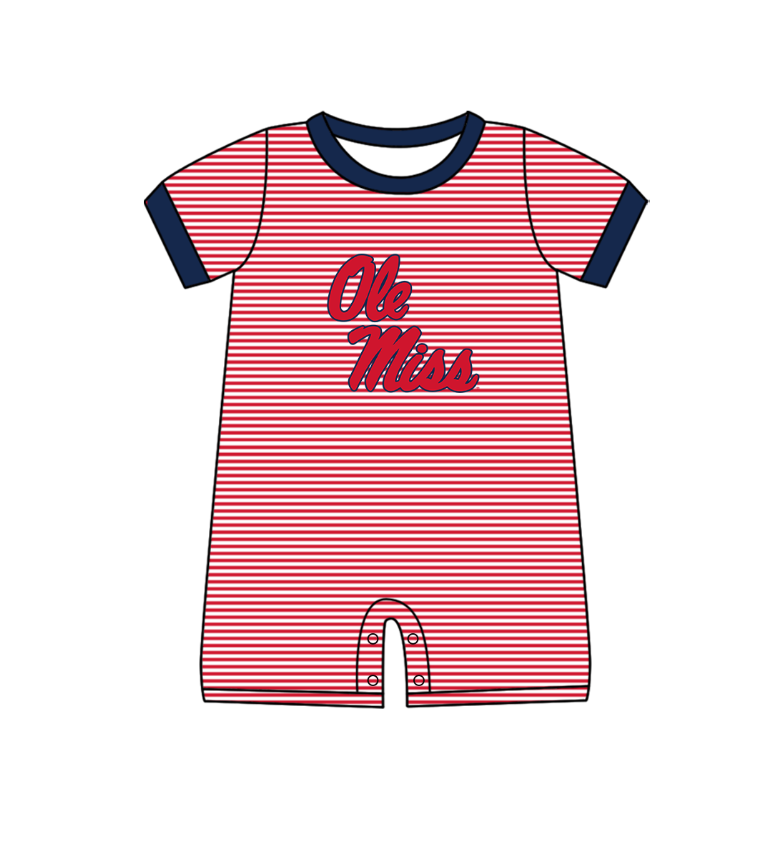 Preorder (moq 5)Baby Boys Short Sleeve Ole Miss Team Stripe Rompers