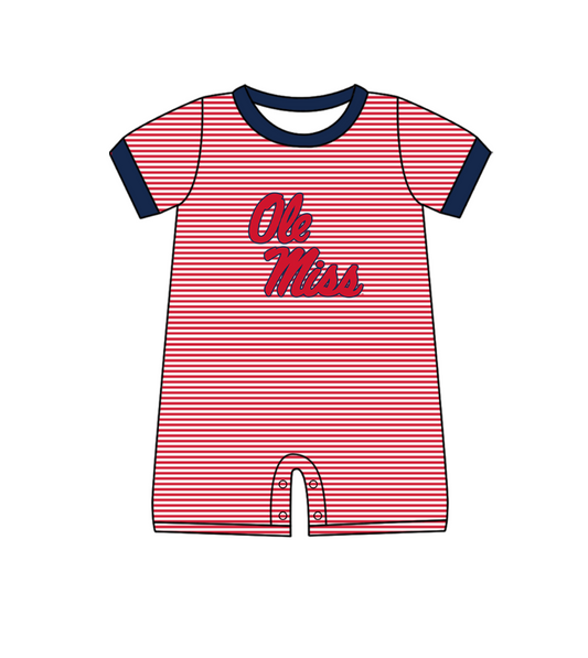 Preorder (moq 5)Baby Boys Short Sleeve Ole Miss Team Stripe Rompers