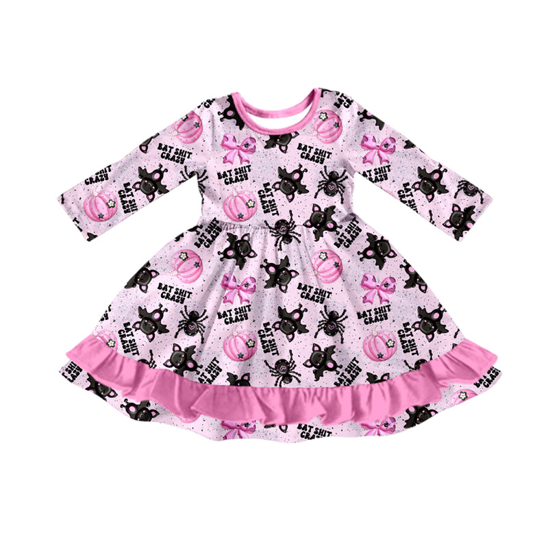 Preorder(moq 5) Baby Girls Long Sleeves Bats Pumpkins Plaid Ruffle Knee Length Dresses