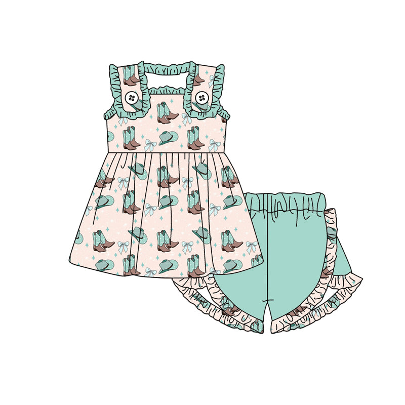 Preorder moq 5 Baby Girls Sleeveless Bows Boots Tunic Aqua Ruffle Short Set