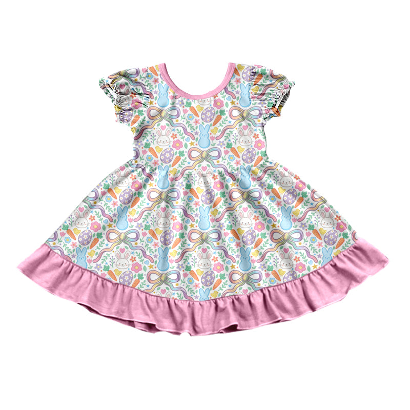 Preorder (moq 5) Baby Girl Clothes Pastel Easter Bunny Egg Bow Print Short Sleeve Ruffle Twirl Dress