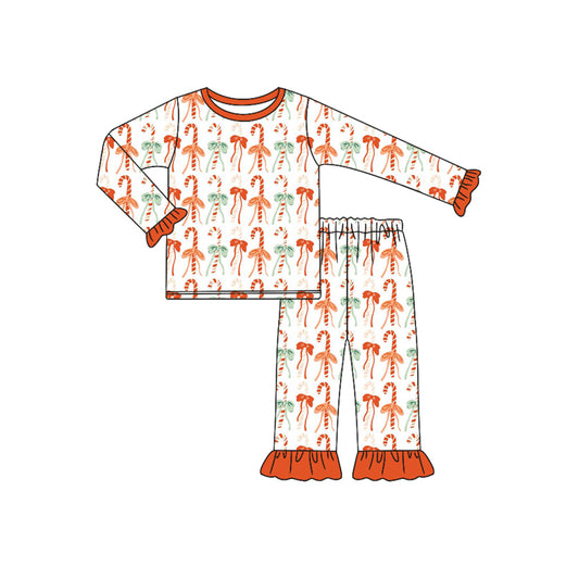 Preorder (moq 5)Baby Girls Long Sleeves Orange Bows Candy Cane Stripe Top Pant Pajamas Sets