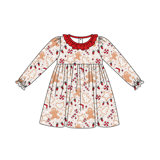 Preorder (moq 5)Baby Girls Long Ruffle Sleeves Gingerbread Candy Cane Knee Length Dresses