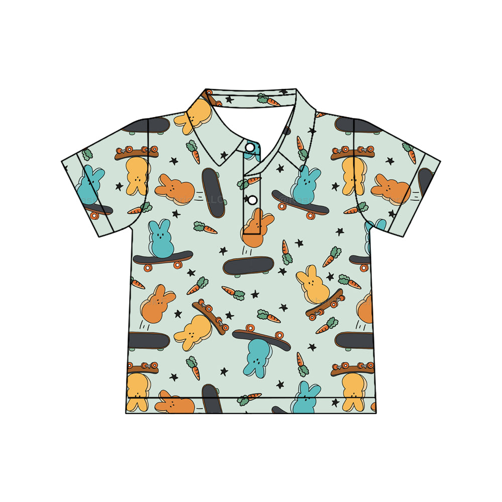 Preorder （moq 5）Boys Easter Orange Bunny With Carrot Collared Short-Sleeve Button-Up Shirt