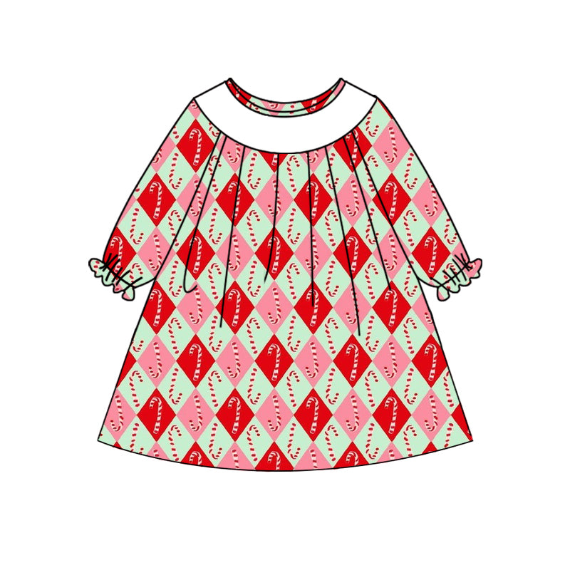 Preorder (moq 5)Baby Girls Long Ruffle Sleeves Candy Cane Plaid Knee Length Dresses
