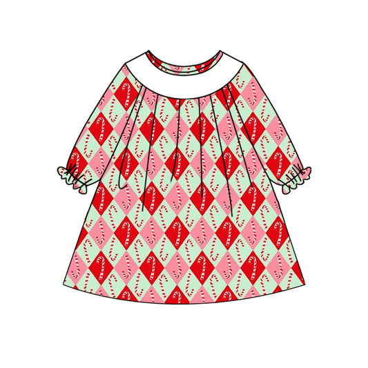 Preorder (moq 5)Baby Girls Long Ruffle Sleeves Candy Cane Plaid Knee Length Dresses