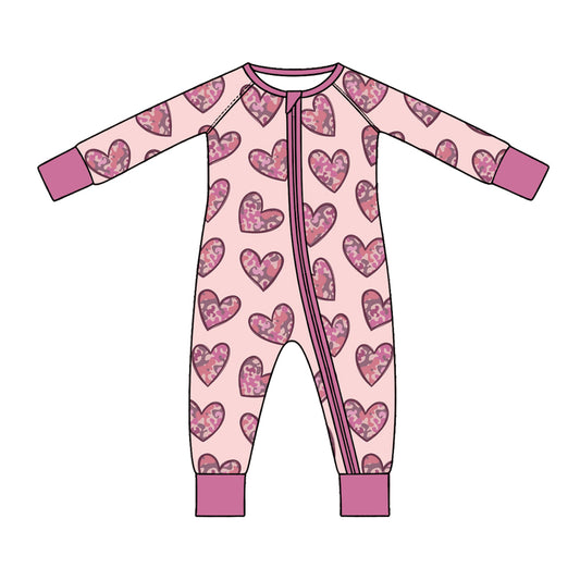Preorder (moq 5) Baby Girl Clothes Leopard Heart Mixed Print Long Sleeve Zipper Romper