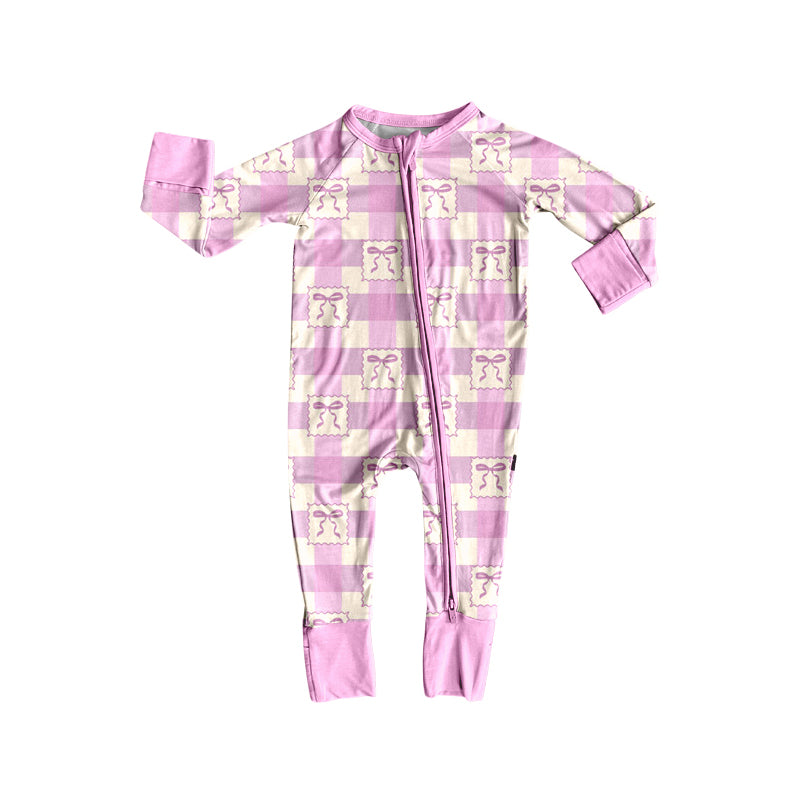 Preorder(moq 5)Baby Infant Pink Checkered Bows Zipper Footie Rompers