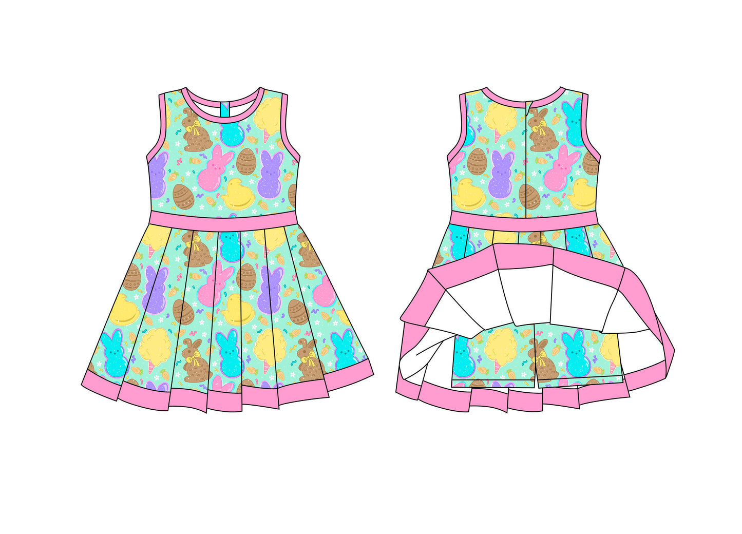 Preorder moq 8 Baby Girls Colorful Rabbits Eggs Back Zip Shorts Easter Ruffle Knee Length Dress