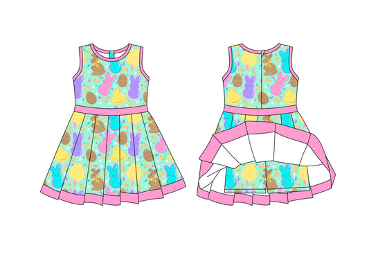 Preorder moq 8 Baby Girls Colorful Rabbits Eggs Back Zip Shorts Easter Ruffle Knee Length Dress