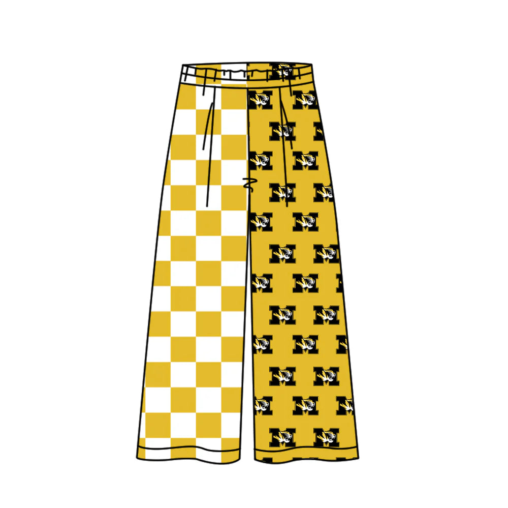 Preorder moq 5 Adult Women Yellow Checked M Tigers Team Flare Pants Bottom