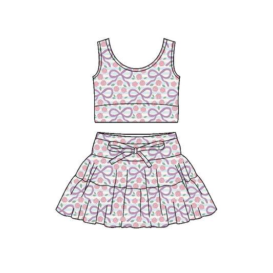 Preorder (moq 5)Baby Girls Pink Bow Flowers Stripe Vest Ruffle Skirt Shorts Clothes Sets