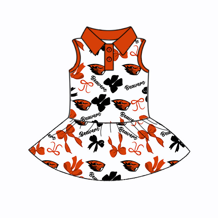 Preorder (moq 5)Baby Girls Red Sleeveless Beavers Bows Plaid Button Team Knee Length Dresses