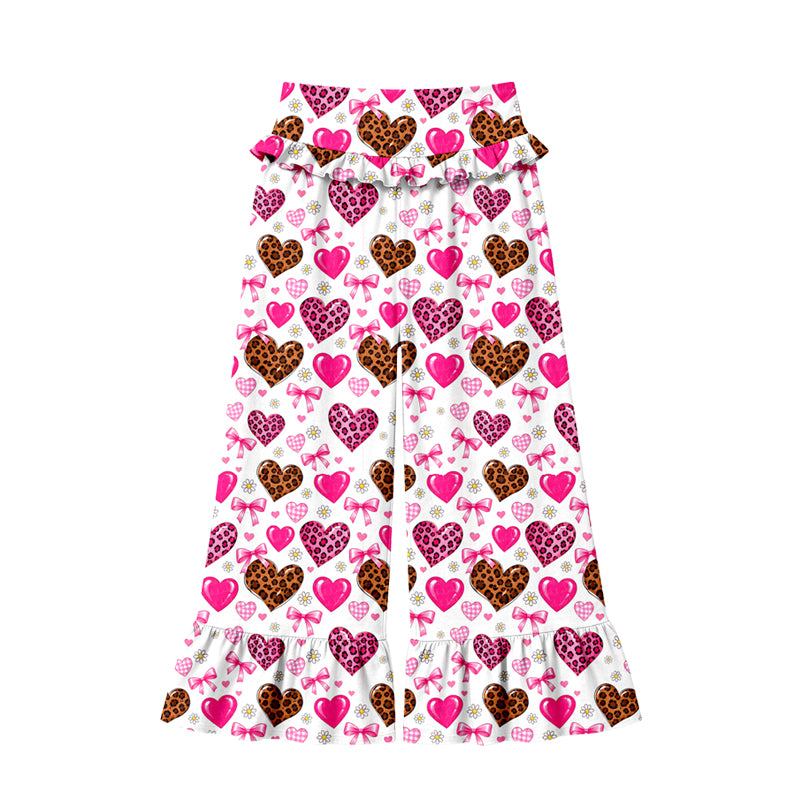 Preorder (moq 5) Women Clothes Leopard Heart Bow Mixed Print High Waist Ruffle Hem Wide Leg Pants