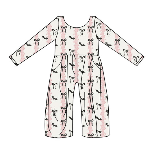 Preorder (moq 5)Baby Girls Pink Stripe Bows Bats Halloween Pockets Jumpsuits