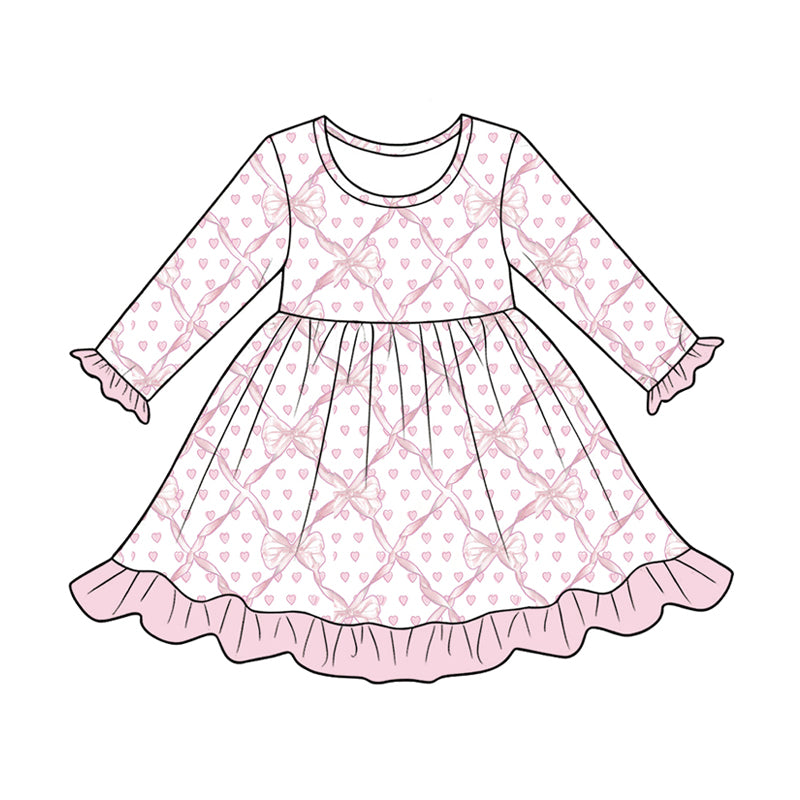Preorder (moq 5)Baby Girls Pink Bows Hearts Valentines Ruffle Knee Length Dress