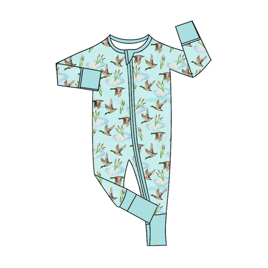 Preorder (moq 5) Baby Boy Clothes Standing Mallard Duck Pond Allover Print Long Sleeve Zip Romper Jumpsuit