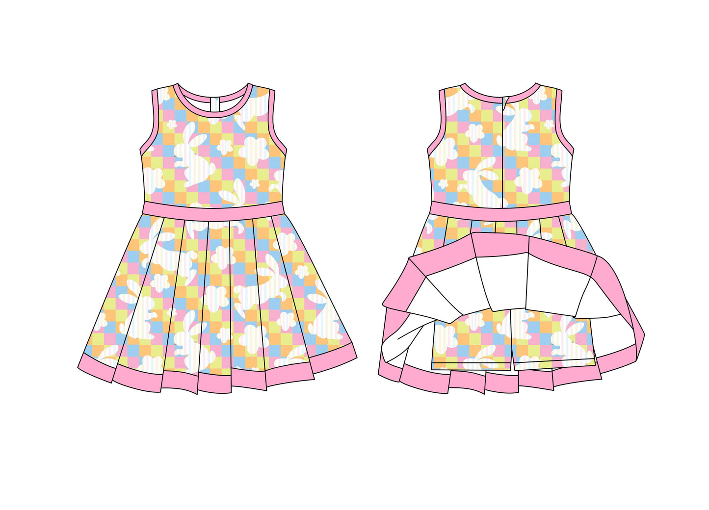 Preorder moq 8 Baby Girls Colorful Checked Rabbits Back Zip Shorts Easter Ruffle Knee Length Dress