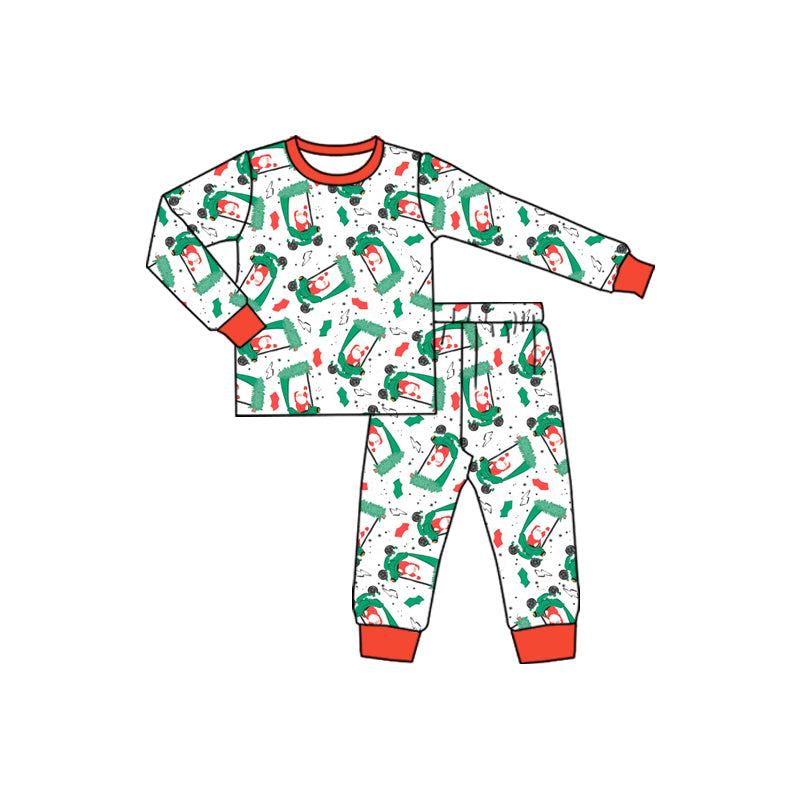 Preorder (moq 5)Baby Boys Long Sleeves Santa Golf Trucks Plaid Top Pant Pajamas Set