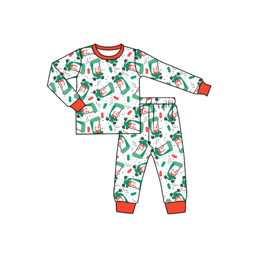 Preorder (moq 5)Baby Boys Long Sleeves Santa Golf Trucks Plaid Top Pant Pajamas Set