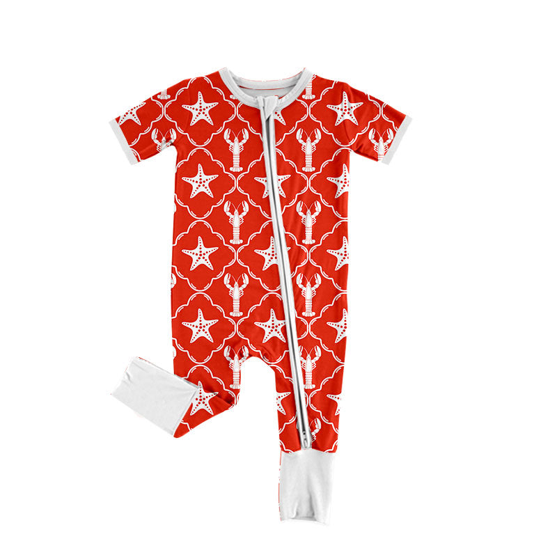 Preorder (moq 5) Baby Girl Clothes Red Lobster Starfish Mixed Print Short Sleeve Zipper Romper