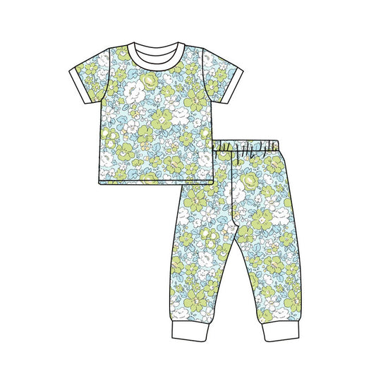 Preorder(moq 5) Baby Girls Short Sleeve Green Flowers Top Pants Pajamas Sets