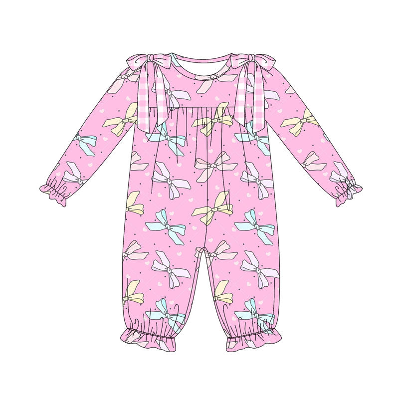 Preorder (moq 5)Baby Girls Pink Hearts Bows Valentine Ruffle Footie Rompers