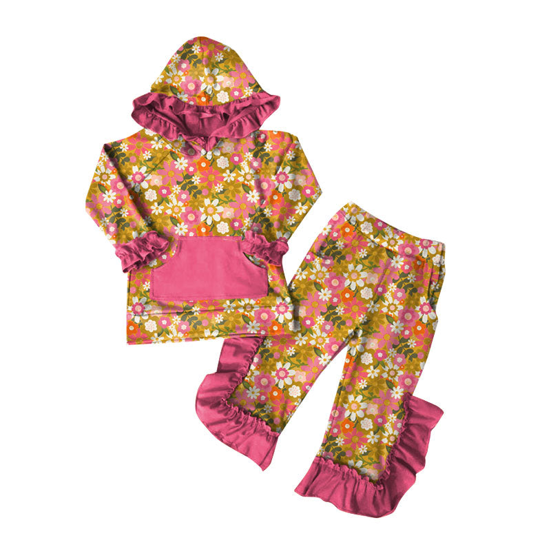 Preorder (moq 5)Baby Girls Colorful Flowers Hoodie Pocket Top Ruffle Pant Clothes Sets