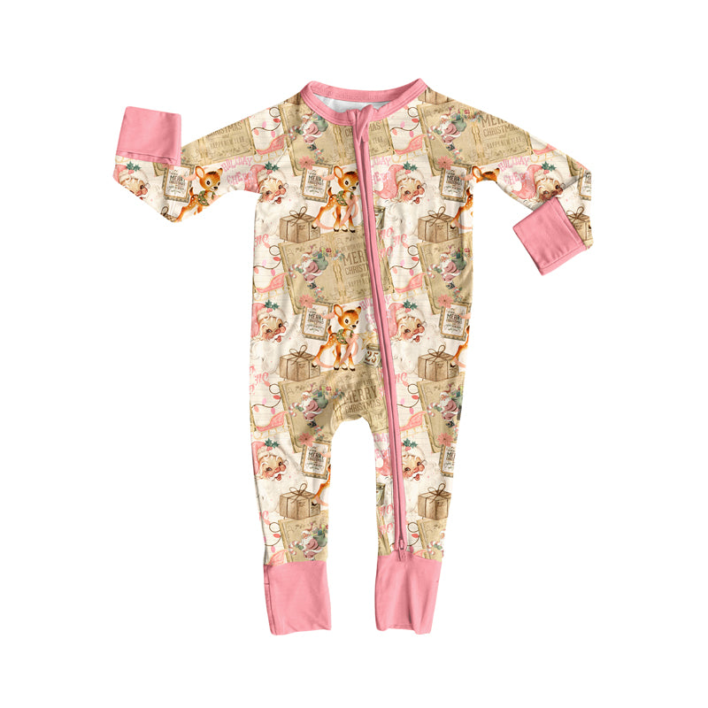 Preorder (moq 5)Baby Girls Long Sleeves Pink Deer Gift Santa Plaid Zipper Romper