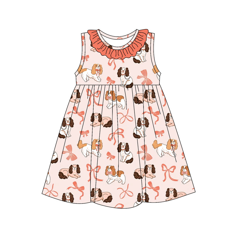 Preorder (moq 5)Baby Girls Peach Sleeveless Dogs Bows Round Collar Knee Length Dress