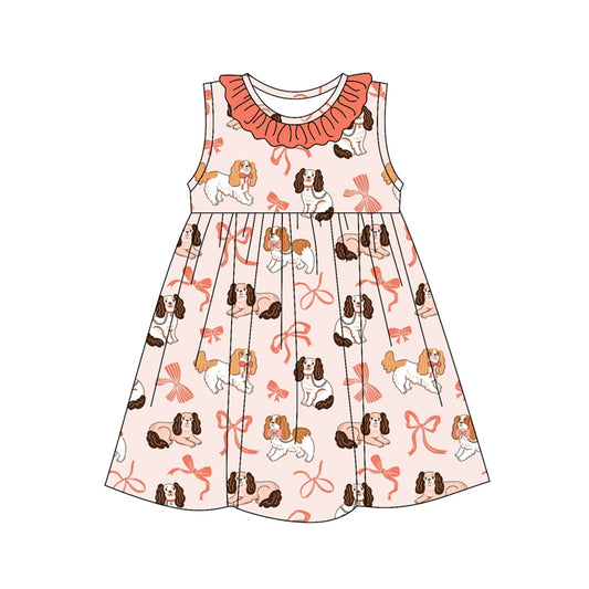 Preorder (moq 5)Baby Girls Peach Sleeveless Dogs Bows Round Collar Knee Length Dress